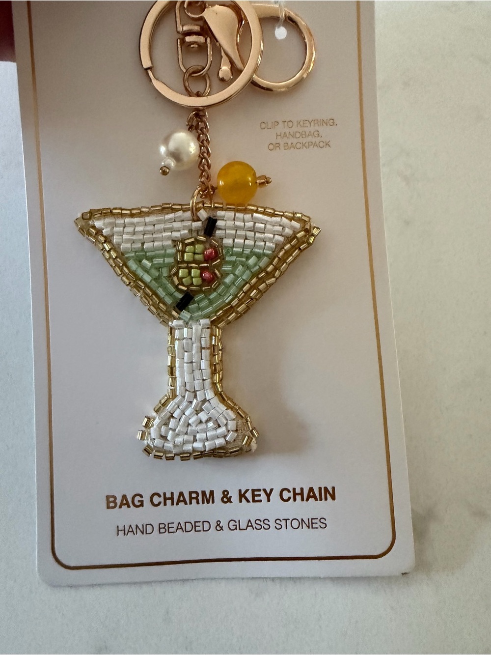 Anthropologie Gold and Green Beaded Martini Bag Charm & Key Chain - Picture 4 of 4